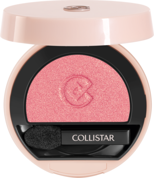 Collistar satynowy cień Baby Rose Satin w otwartym kompakcie z aplikatorem, widok z góry. Nawilża, wygładza.