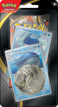 Zestaw Pokémon TCG w blistrze: karty Wailmer, Wailord i złota moneta Lucario, widok z przodu.