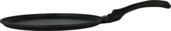 Ciemna, okrągła patelnia z płaskim dnem i długą rączką, widok z góry pod lekkim kątem.