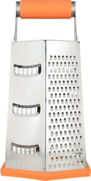 Tarka kuchenna czterostronna ze stali nierdzewnej, z pomarańczową rączką i podstawą, widok z przodu.