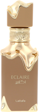 Lattafa Eclaire damska woda perfumowana w brązowej butelce z topiącymi się złotymi zdobieniami, widok z przodu.