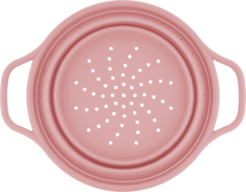Okrągłe, jasnoróżowe silikonowe sitko składane z bocznymi uchwytami, widok z góry, z drobnymi otworami.
