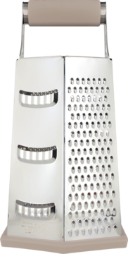 Srebrna tarka czterostronna z beżową rączką, widok z przodu. Prawa strona z drobnymi oczkami, lewa z większymi ostrzami.