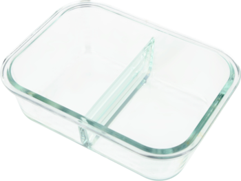 Przezroczysty szklany prostokątny pojemnik na żywność z dwoma przegródkami, widok z góry pod kątem.