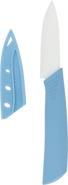 Jasnoniebieska silikonowa szpatułka do ciasta lub skrobaczka z dopasowaną nakładką, widok z boku.