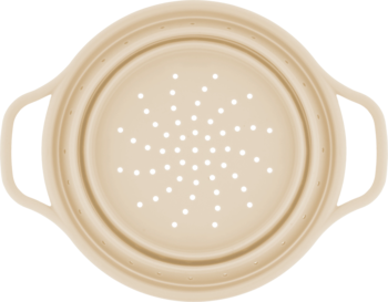 Jasnobeżowy, okrągły wkład ceramiczny do wolnowaru z uchwytami, widok z góry, dno z wypukłym wzorem.