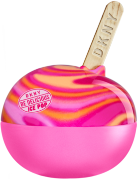 DKNY Ice Pop Very Cherry woda perfumowana, różowa butelka w kształcie lizaka z drewnianym patyczkiem, widok z przodu.