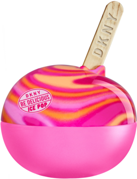 DKNY Be Delicious Ice Pop woda perfumowana, butelka w kształcie lodowego lizaka, różowo-pomarańczowe wiry, drewniany patyk.