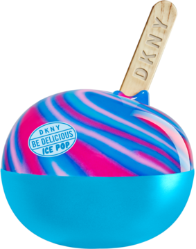 DKNY Be Delicious Ice Pop Berry Bliss: perfumy w kulistym flakonie z różowo-niebieskimi spiralami, drewnianym patyczkiem, widok z przodu.
