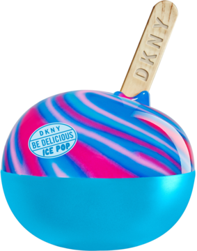 DKNY Ice Pop Berry Bliss damska woda perfumowana, butelka loda na patyku, niebiesko-różowy swirl, logo DKNY.