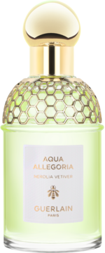 Guerlain Aqua Allegoria Nerolia Vetiver woda toaletowa, jasnozielona butelka z motywem plastra miodu, widok z przodu.