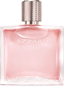Różowa damska woda perfumowana Azzaro Pour Elle w prostokątnej butelce ze srebrną zakrętką, widok z przodu.