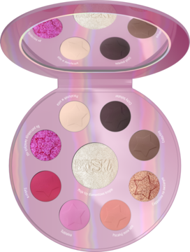 Otwarta paleta cieni Stars x Bryska w kształcie płyty, różowa, holo, z beżami, brązami, różami, brzoskwinią i błyskami, z lusterkiem.
