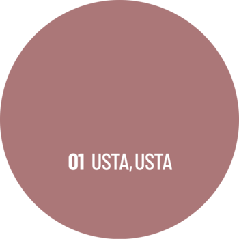 Okrągły swatch brązowo-różowej konturówki Usta, Usta Stars x Bryska z tekstem '01 USTA, USTA' na czarnym tle.