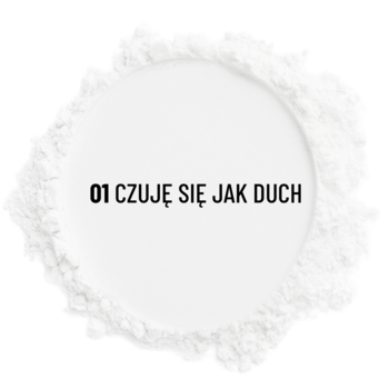 Matujący puder sypki Stars x Bryska, transparentny, biały proszek z napisem "01 CZUJĘ SIĘ JAK DUCH", widok z góry.