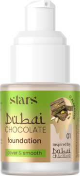 Stars Dubai Chocolate Foundation Alabaster 01 cover & smooth w butelce z pompką, widok z przodu.