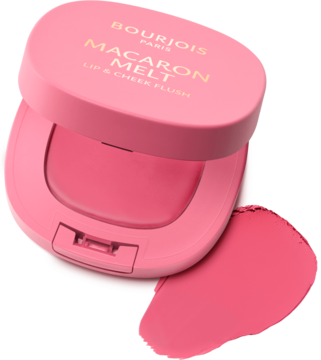 Różo-pomadka w musie Bourjois Macaron Melt Maca'rose, otwarty różowy kompakt z widocznym swatche.