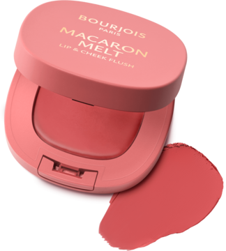 Bourjois Macaron Melt Lip & Cheek Flush Honey Nougat, różowo-koralowy, otwarty kompakt z próbką koloru obok.