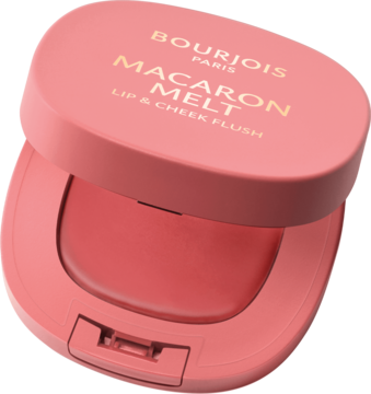 Matowy różo-szminka Bourjois Macaron Melt w otwartym, pudrowo-różowym opakowaniu, lekko pod kątem.