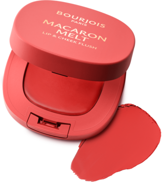 Bourjois Macaron Melt Lip & Cheek Flush Peach Tatin w otwartym, koralowym słoiczku z próbką koloru.