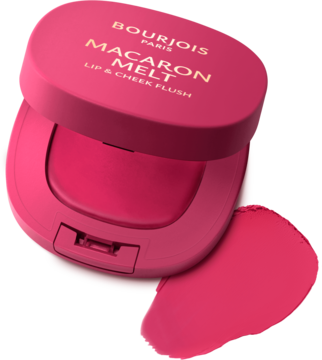 Bourjois Macaron Melt Lip & Cheek Flush Pink Guava, różowy kompakt z otwartym wieczkiem i obok musowy swatch.
