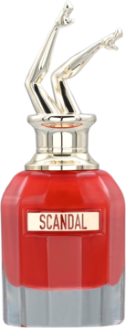 Jean Paul Gaultier Scandal Le Parfum, damska woda perfumowana, czerwona butelka ze złotą nakrętką w kształcie nóg, napis Scandal.