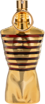 Jean Paul Gaultier Le Male Elixir, złota butelka perfum męskich w kształcie torsu z czerwonymi pasami, widok z przodu.