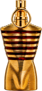 Jean Paul Gaultier Le Male Elixir, złoty flakon perfum w kształcie torsu, z metalowymi prążkami, bursztynowa ciecz.