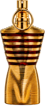 Męska woda perfumowana Jean Paul Gaultier Le Male Elixir. Złota butelka w kształcie torsu z czerwonymi pasami.