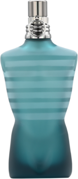 Jean Paul Gaultier Le Male, męska woda toaletowa we frosted niebieskiej butelce torsu z paskami, srebrna nakrętka, widok z przodu.