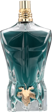 Jean Paul Gaultier Le Beau męska woda toaletowa, flakon w kształcie torsu, turkusowy płyn, złoty liść figowy.
