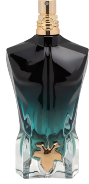 Butelka perfum Jean Paul Gaultier Le Male w kształcie męskiego torsu, gradient czerni i turkusu, złoty liść figowy.