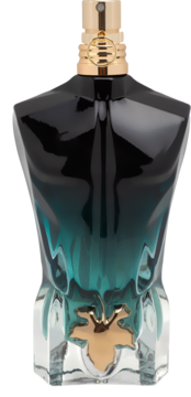 Jean Paul Gaultier Le Beau La Parfum, męska woda perfumowana w butelce w kształcie torsu, gradient zielono-czarny z złotym liściem.
