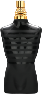 Jean Paul Gaultier Le Male Intense, czarna woda perfumowana w butelce-torsie z poziomymi paskami i złotym atomizerem.