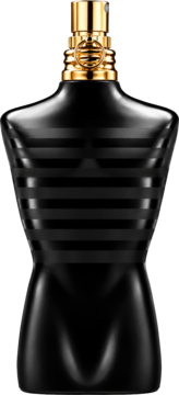 Jean Paul Gaultier Le Male Le Parfum, czarna butelka w kształcie męskiego torsu z poziomymi paskami, złoty atomizer, ujęcie z przodu.
