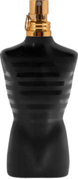 Męskie perfumy Jean Paul Gaultier Le Male Le Parfum, czarna butelka-tors z paskami, złoty atomizer, widok z przodu.