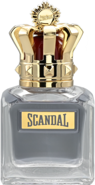 Jean Paul Gaultier Scandal Pour Homme, butelka z szarego szkła ze złotą etykietą SCANDAL i korkiem w kształcie korony.