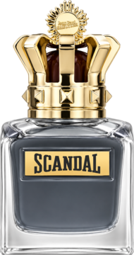 Męska woda Jean Paul Gaultier Scandal, butelka z ciemnoszarym płynem i złotą koroną, front.