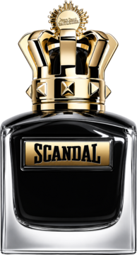 Męska woda perfumowana Jean Paul Gaultier Scandal Le Parfum. Czarna butelka ze złotą koroną, widok z przodu.