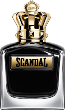Jean Paul Gaultier Scandal Le Parfum, męska woda perfumowana w czarnym flakonie ze złotą etykietą i królewską koroną.