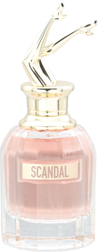 Damska woda perfumowana Jean Paul Gaultier Scandal, różowy płyn, złote nogi jako korek, widok z przodu.