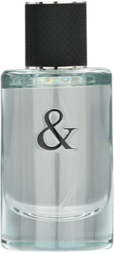 Męska woda toaletowa Tiffany & Co. Love for Him, butelka z przezroczystego szkła, czarny symbol '&', czarna teksturowana nakrętka.