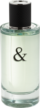 Męska woda toaletowa Tiffany & Co. Love for Him. Szklana butelka, czarna nakrętka, srebrne '&', przejrzysty płyn.