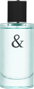 Męska woda toaletowa Tiffany & Co. Love for Him. Szklana butelka, błękitny płyn, czarna nakrętka, srebrny symbol &. Widok z przodu.