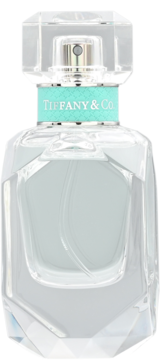Tiffany & Co. damska woda perfumowana. Elegancka, fasetowana, przezroczysta butelka z błękitną etykietą, widok z przodu.