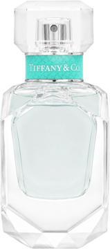 Tiffany & Co. damska woda perfumowana w szklanej, fasetowanej butelce z turkusową etykietą i logo.