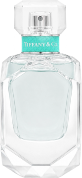 Tiffany & Co. damska woda perfumowana w fasetowanej butelce, turkusowa etykieta z logo, widok z przodu.