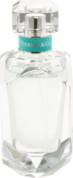 Tiffany & Co. damska woda perfumowana, elegancka, fasetowana szklana butelka z turkusowym paskiem i logo.