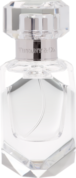 Tiffany & Co. Sheer damska woda toaletowa, butelka z fasetowanego, przezroczystego szkła z srebrnym paskiem i logo.