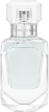 Tiffany & Co. Sheer EDT, pudrowo-kwiatowy zapach. Przezroczysta fasetowana butelka z srebrnym napisem, widok przód.